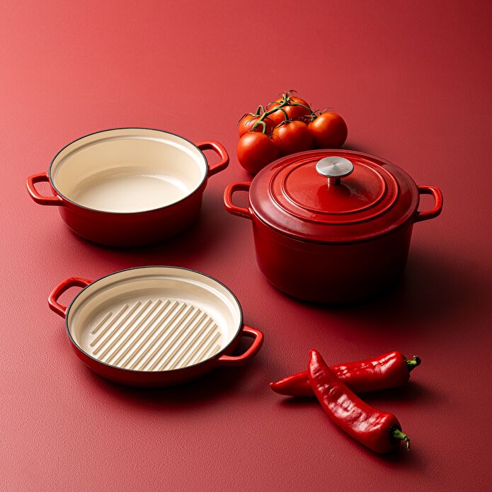 Emsan Fortino Cast Döküm Tencere Seti Kırmızı 4 Parça 22 cm