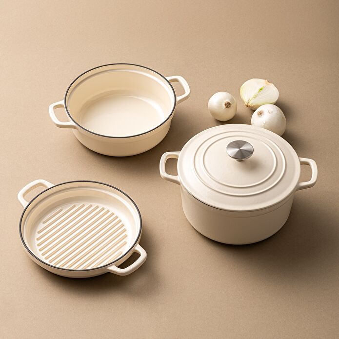 Emsan Fortino Cast Döküm Tencere Seti Krem 4 Parça 22 cm