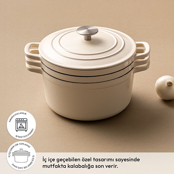 Emsan Fortino Cast Döküm Tencere Seti Krem 4 Parça 22 cm