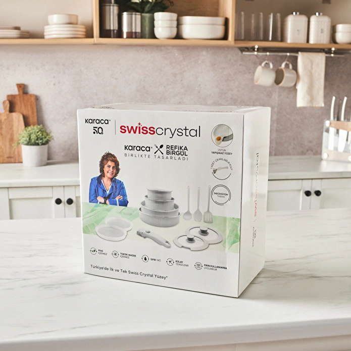 Karaca X Refika Swiss Crystal Easy Clip İndüksiyon Tabanlı 12 Parça Tencere ve Tava Seti Pure White
