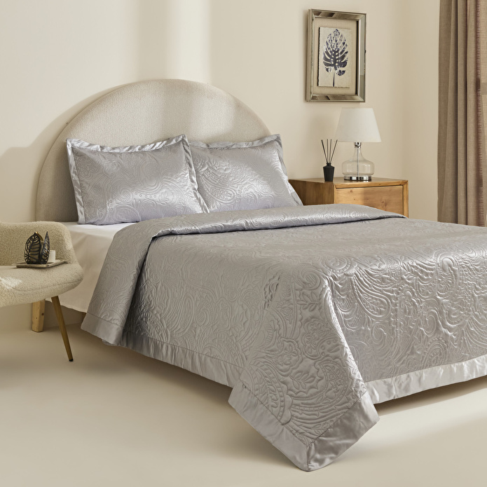 Kaşmir Home Anita Kristal Çift Kişilik Saten Yatak Örtüsü Takımı Gümüş