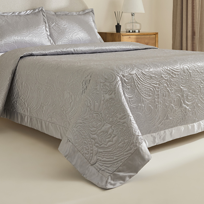 Kaşmir Home Anita Kristal Çift Kişilik Saten Yatak Örtüsü Takımı Gümüş