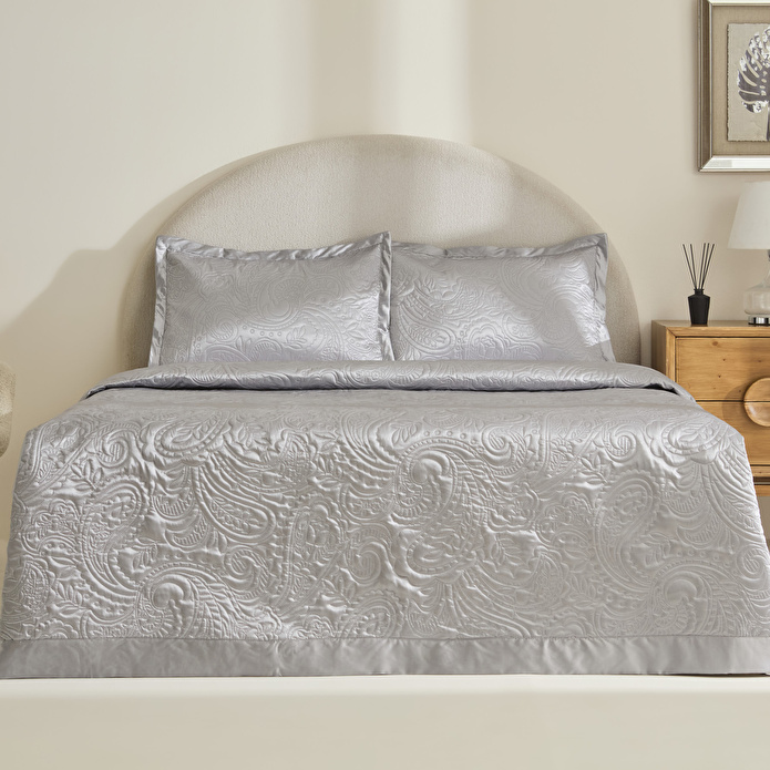 Kaşmir Home Anita Kristal Çift Kişilik Saten Yatak Örtüsü Takımı Gümüş