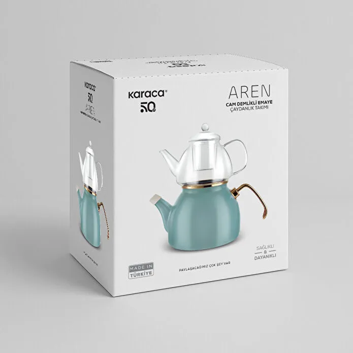 Karaca Aren Emaye Cam Delikli Midi Çaydanlık Takımı Yeşil