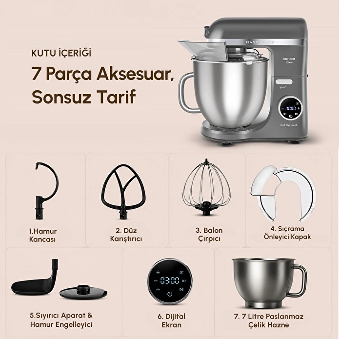 Karaca Mastermaid Chef Ultra D2000W Dijital Ekranlı Hamur Yoğurma Makinesi Galaxy Grey 7L