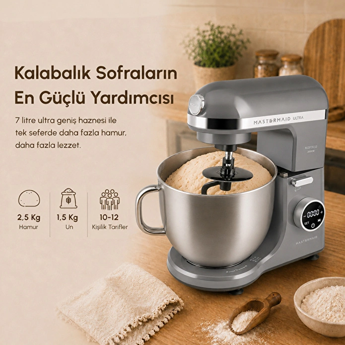 Karaca Mastermaid Chef Ultra D2000W Dijital Ekranlı Hamur Yoğurma Makinesi Galaxy Grey 7L