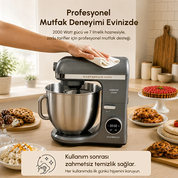 Karaca Mastermaid Chef Ultra D2000W Dijital Ekranlı Hamur Yoğurma Makinesi Galaxy Grey 7L
