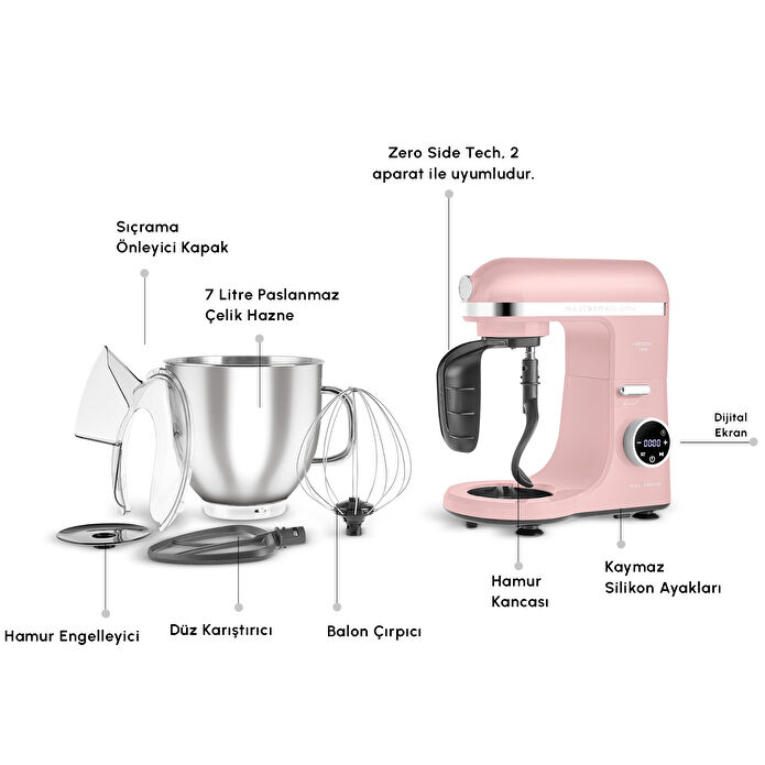 Karaca Mastermaid Chef Ultra D2000W Dijital Ekranlı Hamur Yoğurma Makinesi Pearly Pink 7L