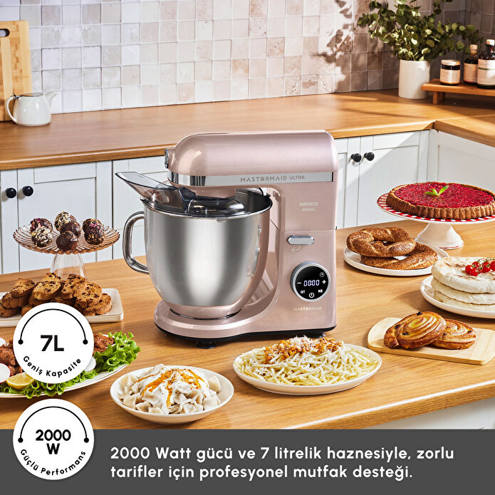 Karaca Mastermaid Chef Ultra D2000W Dijital Ekranlı Hamur Yoğurma Makinesi Pearly Pink 7L