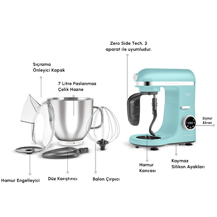 Karaca Mastermaid Chef Ultra D2000W Dijital Ekranlı Hamur Yoğurma Makinesi Tiffany 7L 