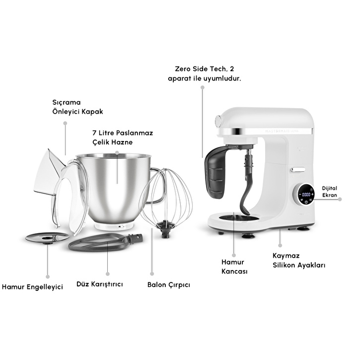 Karaca Mastermaid Chef Ultra D2000W Dijital Ekranlı Hamur Yoğurma Makinesi Matte White 7L