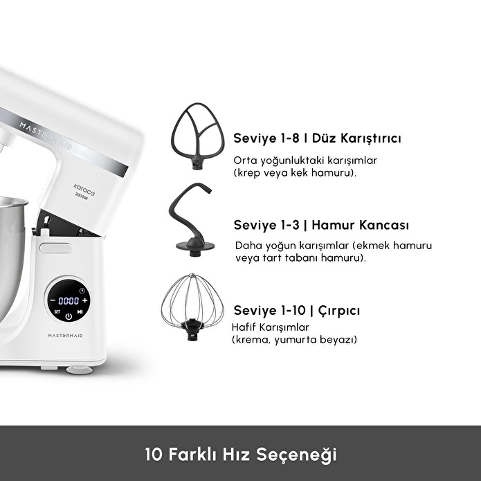 Karaca Mastermaid Chef Ultra D2000W Dijital Ekranlı Hamur Yoğurma Makinesi Matte White 7L