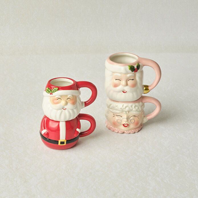 Karaca New Year Yılbaşı Santa Family 4'lü Espresso Kupa ve Kahve Fincanı Seti 75 ml