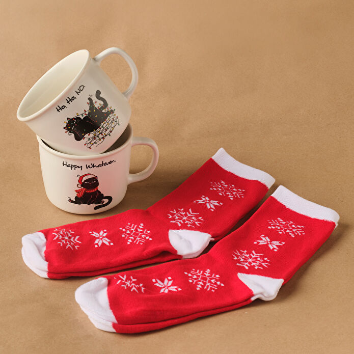 Karaca New Year Yılbaşı Grumpy Cat Çoraplı 2 Kişilik Kupa Seti 350 ml