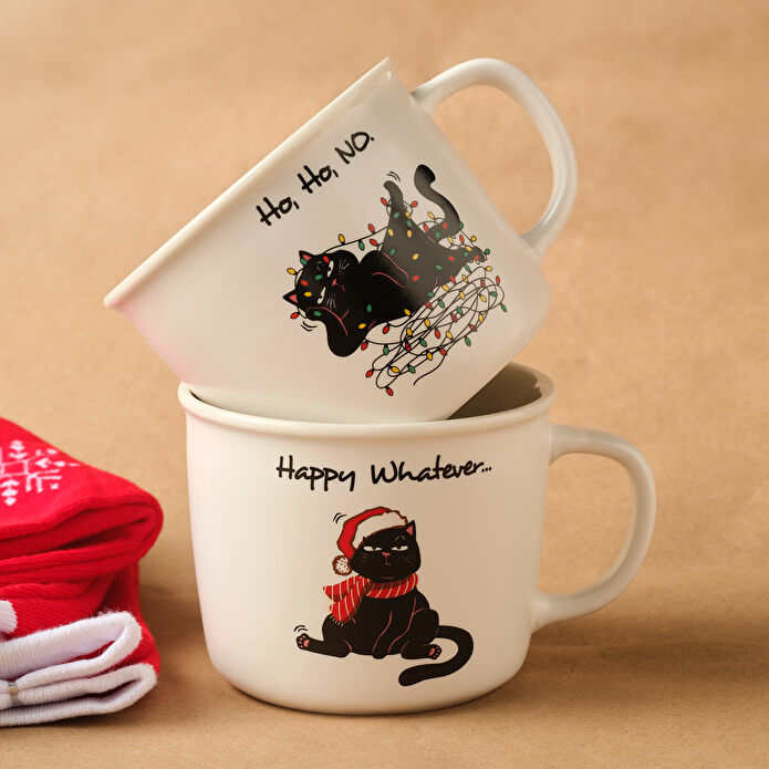 Karaca New Year Yılbaşı Grumpy Cat Çoraplı 2 Kişilik Kupa Seti 350 ml