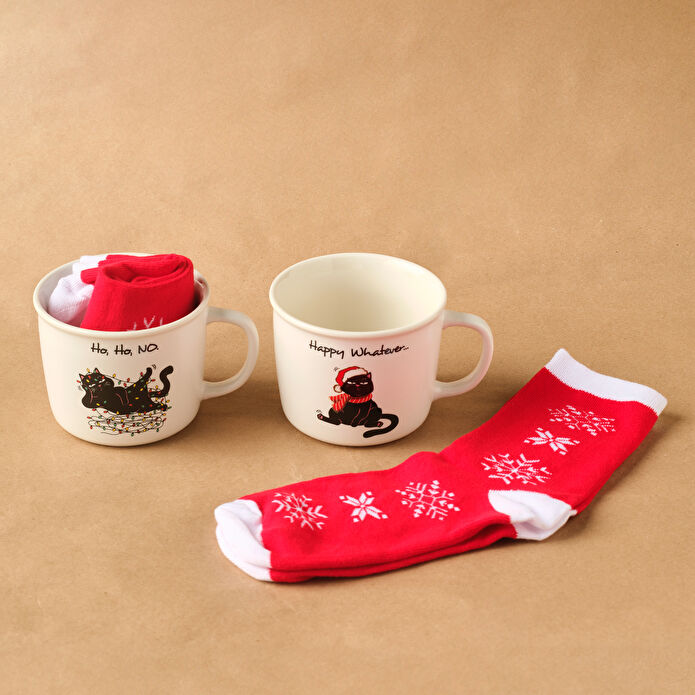 Karaca New Year Yılbaşı Grumpy Cat Çoraplı 2 Kişilik Kupa Seti 350 ml