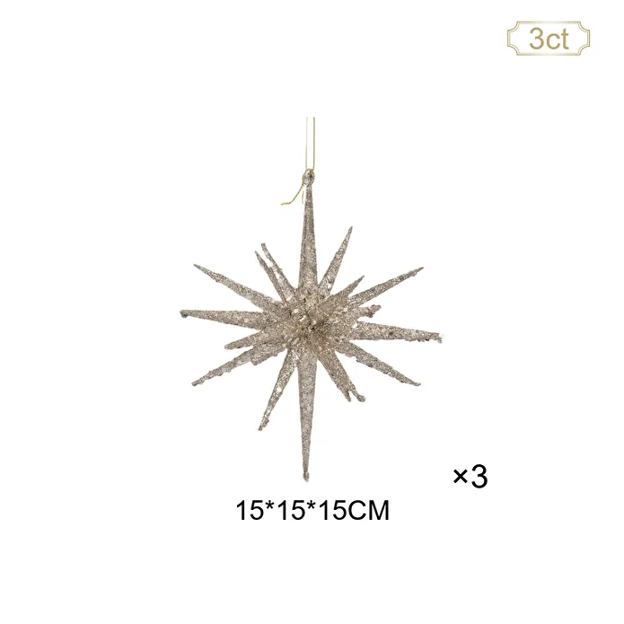 Karaca Home New Year Yılbaşı Glitter Star 3 Adet Ağaç Süsü Seti Gold 15x15x15 cm