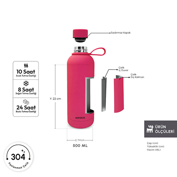 Karaca Aly Soft Touch Çelik Sızdırmaz Termos 500 ml Pembe