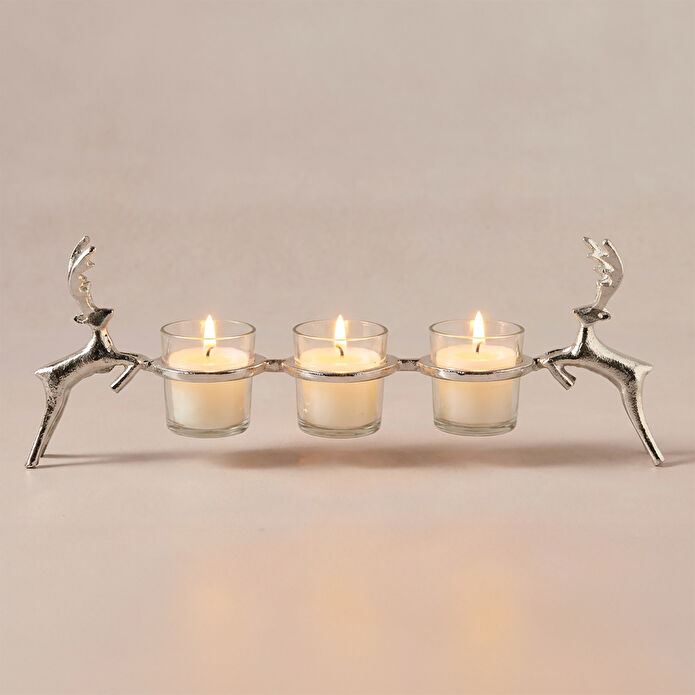 Karaca Home New Year Yılbaşı Geyikli Roe 3'lü Dekoratif Mumluk 47x16,5 cm