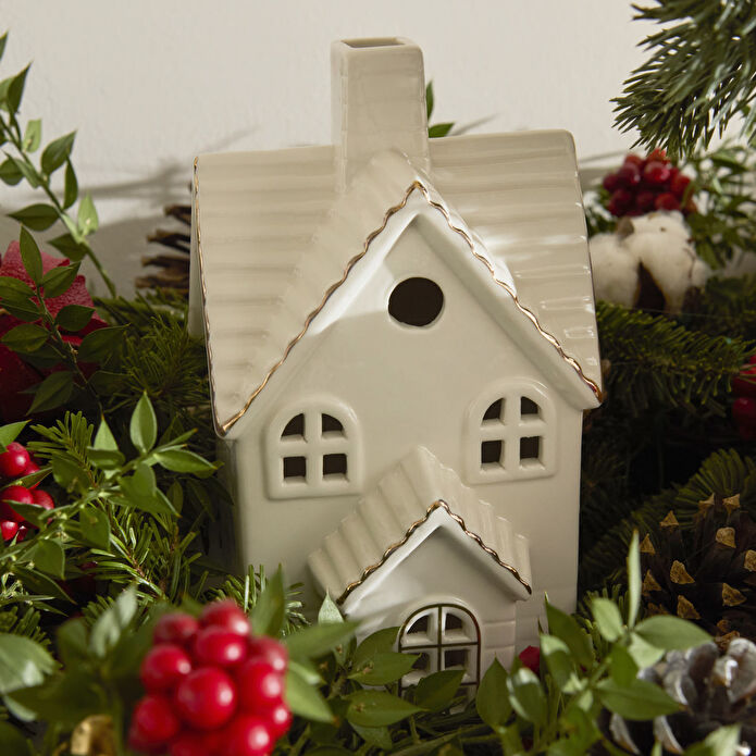 Karaca Home New Year Yılbaşı Ev Şekilli Ledli Dekoratif Obje Beyaz 10,2 x 9,7 x 18 cm