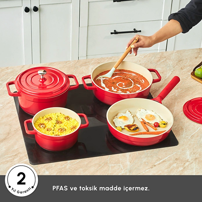Karaca Swiss Crystal Neocast 7 Parça Döküm Tencere ve Tava Seti Kırmızı