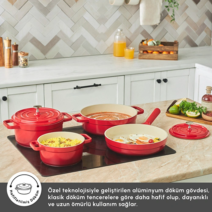 Karaca Swiss Crystal Neocast 7 Parça Döküm Tencere ve Tava Seti Kırmızı