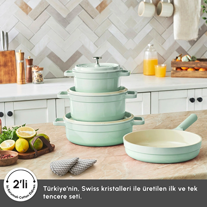 Karaca Swiss Crystal Neocast 7 Parça Döküm Tencere ve Tava Seti Yeşil