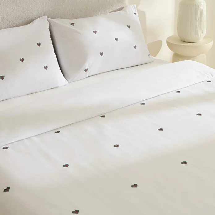 Karaca Home Amour Mio %100 Pamuk Çift Kişilik Nakışlı Nevresim Takımı Beyaz