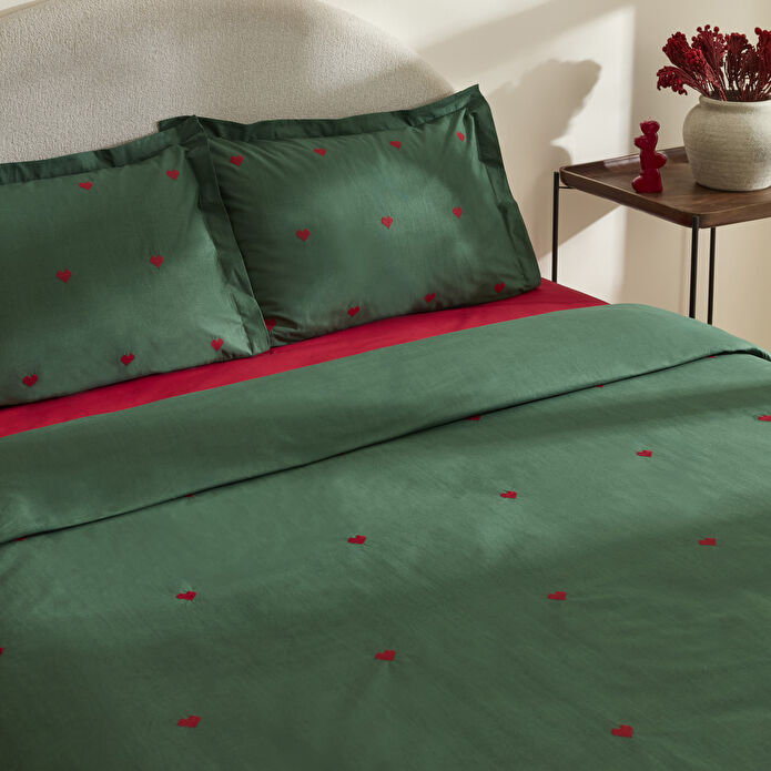 Karaca Home Amour Mio %100 Pamuk Çift Kişilik Nakışlı Nevresim Takımı Koyu Yeşil