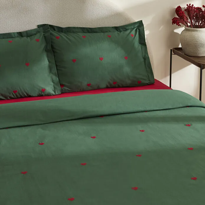 Karaca Home Amour Mio %100 Pamuk Çift Kişilik Nakışlı Nevresim Takımı Koyu Yeşil