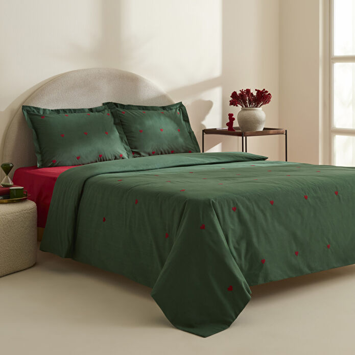 Karaca Home Amour Mio %100 Pamuk Çift Kişilik Nakışlı Nevresim Takımı Koyu Yeşil