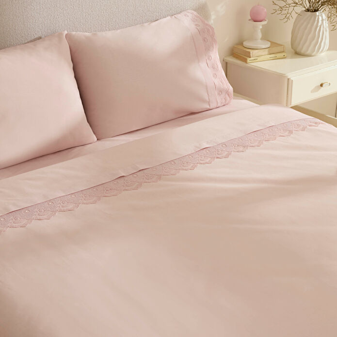 Karaca Home Teora %100 Pamuk Dantelli Çift Kişilik Nevresım Takımı Pudra