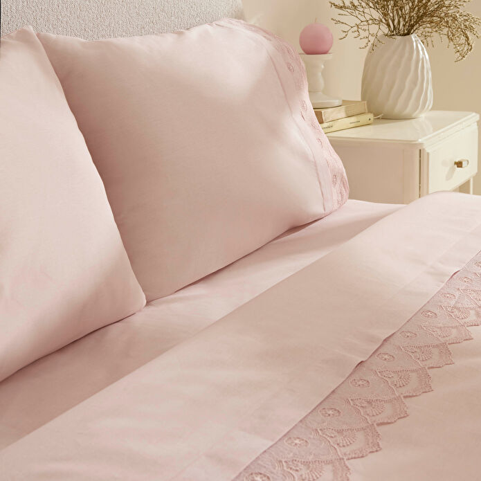 Karaca Home Teora %100 Pamuk Dantelli Çift Kişilik Nevresım Takımı Pudra
