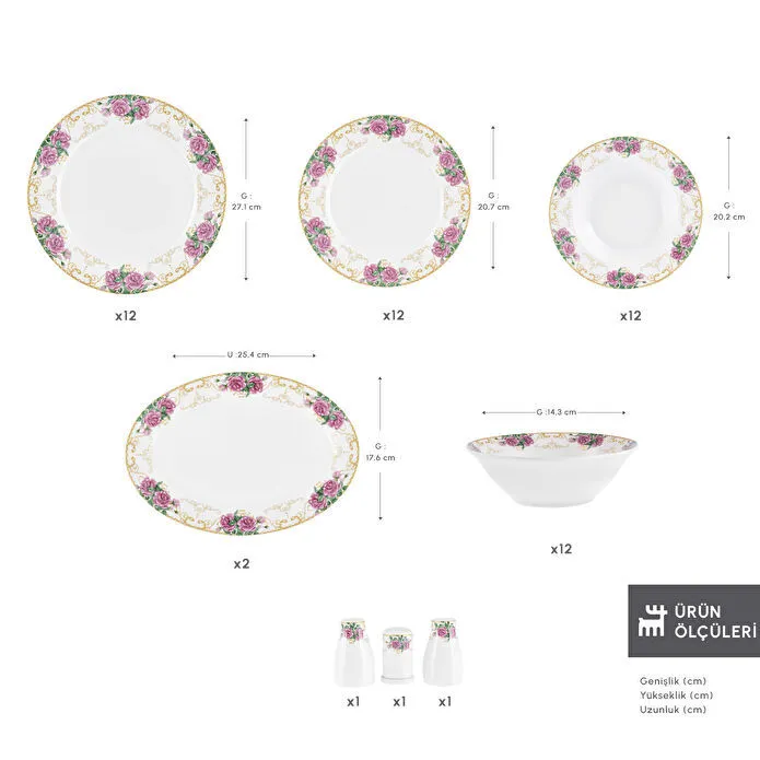 Karaca Forever Bone Gülizar 53 Parça 12 Kişilik Yemek Takımı