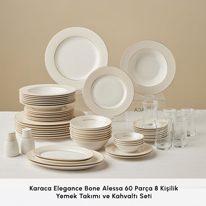 Karaca Elegance Bone Alessa 60 Parça 8 Kişilik Yemek Takımı ve Kahvaltı Seti