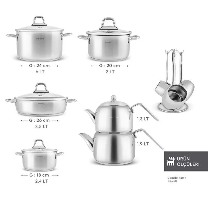 Karaca Vapor İndüksiyon Tabanlı 15 Parça Çelik Süzgeç Kapaklı Tencere Çaydanlık ve Cezve Seti
