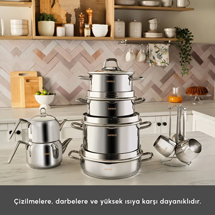 Karaca Vapor İndüksiyon Tabanlı 15 Parça Çelik Süzgeç Kapaklı Tencere Çaydanlık ve Cezve Seti