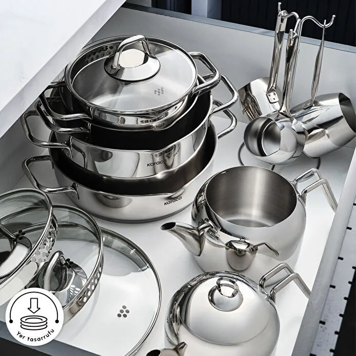 Karaca Vapor İndüksiyon Tabanlı 15 Parça Çelik Süzgeç Kapaklı Tencere Çaydanlık ve Cezve Seti