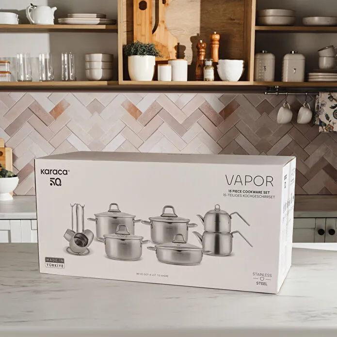 Karaca Vapor İndüksiyon Tabanlı 15 Parça Çelik Süzgeç Kapaklı Tencere Çaydanlık ve Cezve Seti