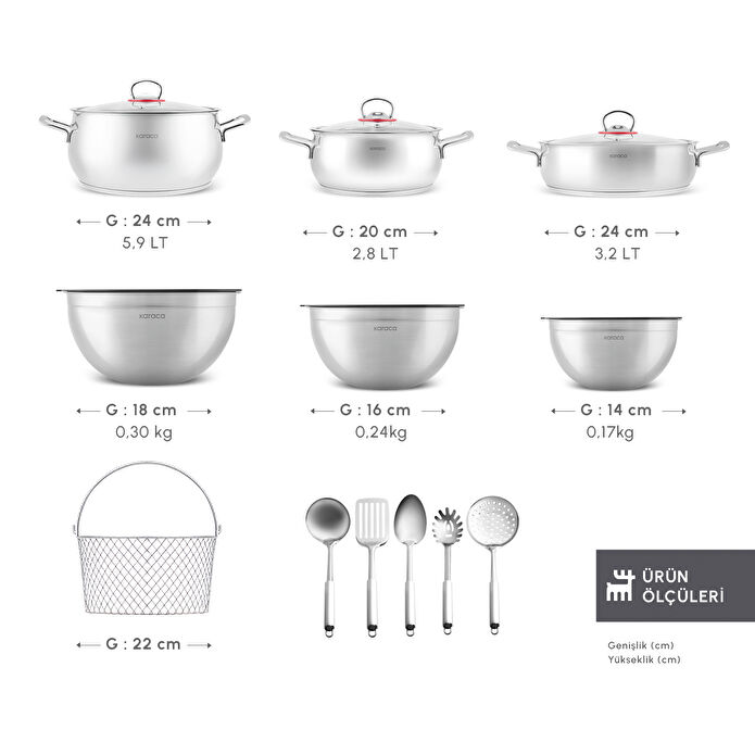 Karaca Karıştır-Pişir-Sakla 18 Parça Çelik Tencere Seti