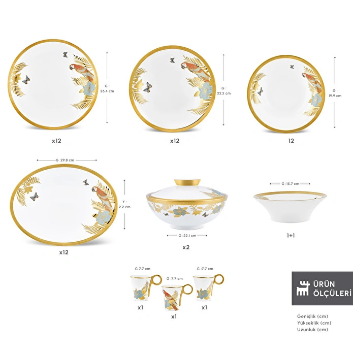Karaca Royal Bone Golden Palms 55 Parça 12 Kişilik Yemek Takımı