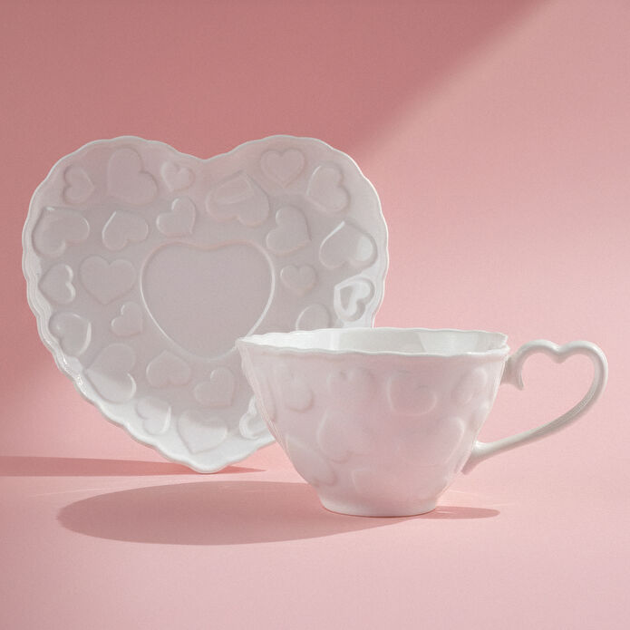Karaca Pink Love Çay Fincanı ve Tabağı Beyaz