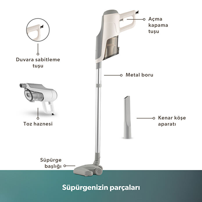 Homend Dustroyer 1272H 2 in 1 Metal Borulu Kablolu Dikey Süpürge Beyaz Gri