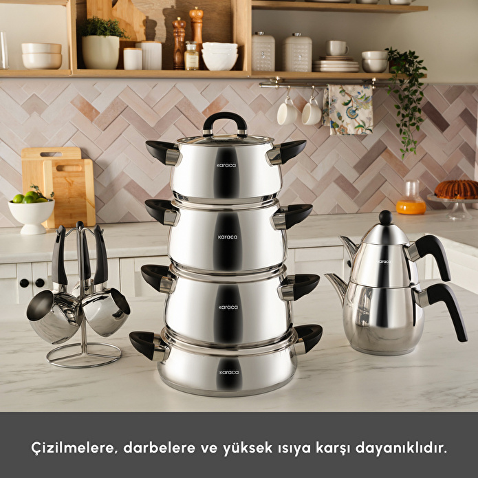 Karaca Power Steel 316+ Tokyo 15 Parça Çelik Tencere Çaydanlık ve Cezve Seti