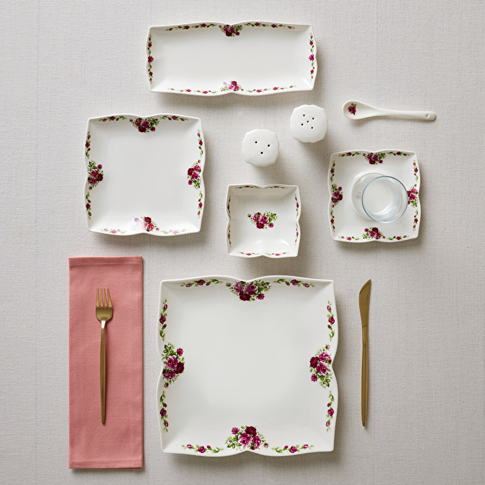 Karaca Square Bone Red Rose Kare 34 Parça 6 Kişilik Kahvaltı Seti