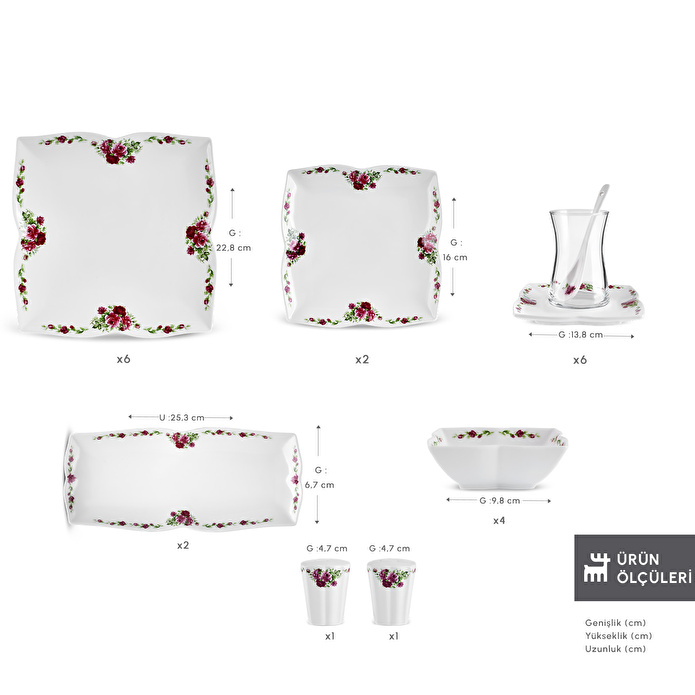 Karaca Square Bone Red Rose Kare 34 Parça 6 Kişilik Kahvaltı Seti