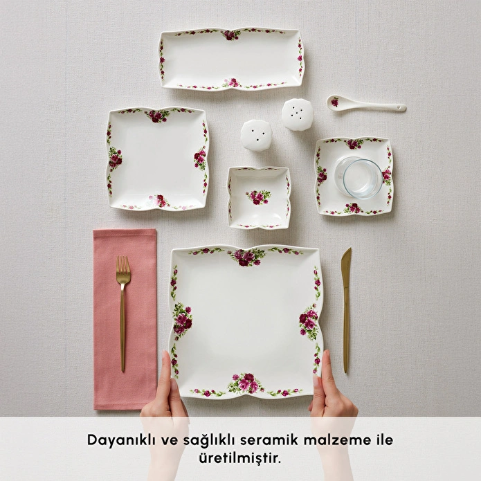 Karaca Square Bone Red Rose Kare 34 Parça 6 Kişilik Kahvaltı Seti
