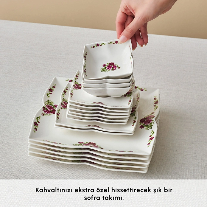 Karaca Square Bone Red Rose Kare 34 Parça 6 Kişilik Kahvaltı Seti