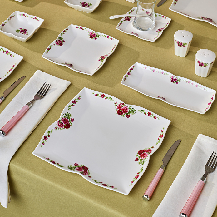 Karaca Square Bone Red Rose Kare 34 Parça 6 Kişilik Kahvaltı Seti