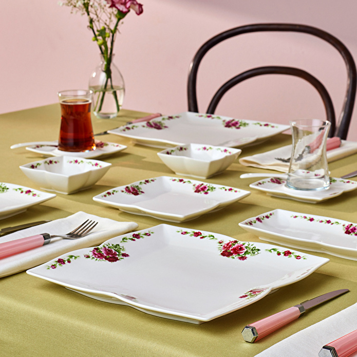 Karaca Square Bone Red Rose Kare 34 Parça 6 Kişilik Kahvaltı Seti